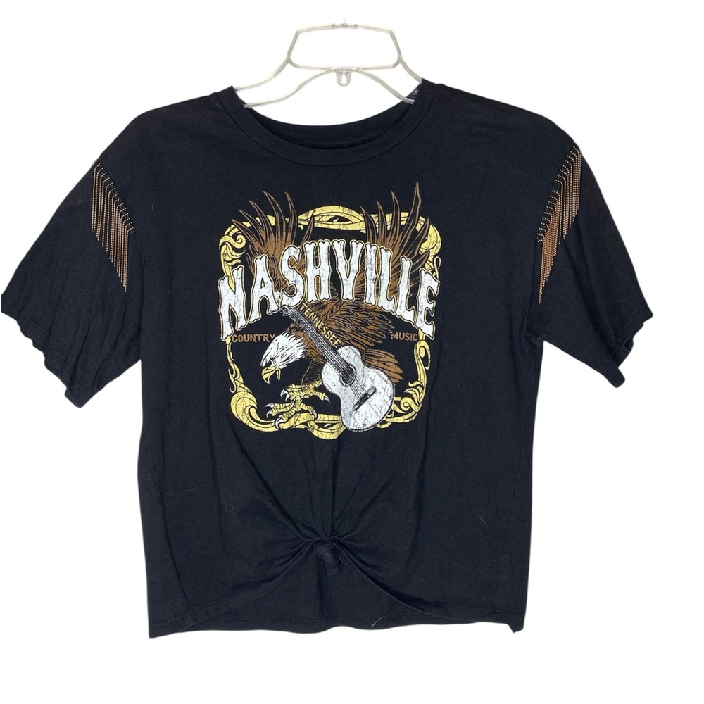 Organic Generation Nashville Guitar Fringe Front Tie Black Graphic T-Shirt - XS